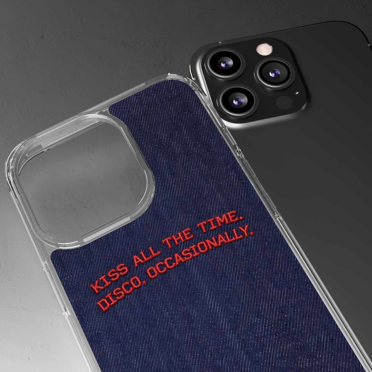 Kiss All The Time Denim Clear Phone Case — Retro Disco Quote