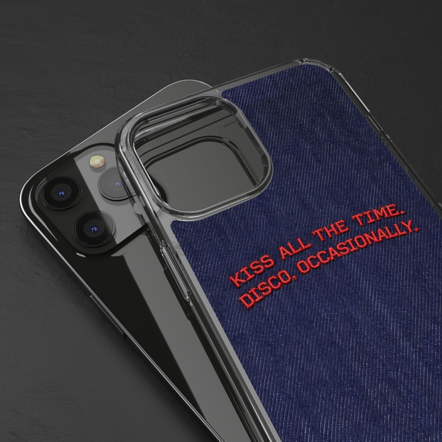 Kiss All The Time Denim Clear Phone Case — Retro Disco Quote