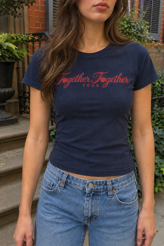 A woman wearing a navy blue short-sleeve t-shirt with 'Together Together TOUR' printed in red across the chest, paired with light-wash blue jeans, standing outdoors in front of brick building steps.